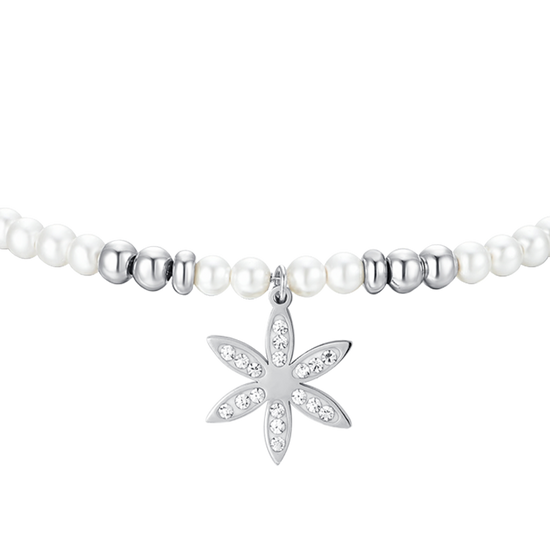 PULSERA DE ACERO PARA MUJER CON PERLAS Y FLOR DE LA VIDA