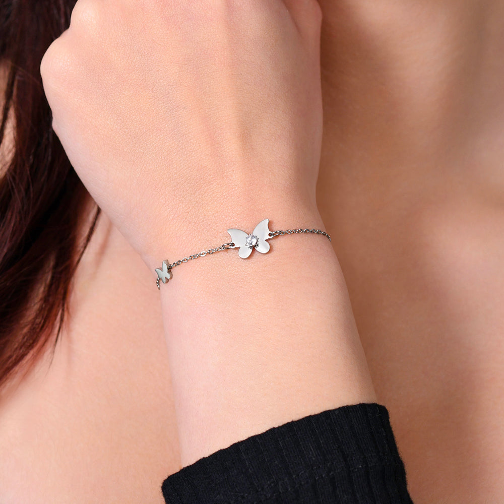PULSERA DE MUJER DE ACERO CON MARIPOSA Y CIRCONITA