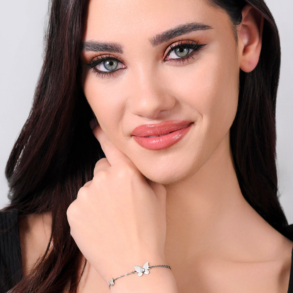 PULSERA DE MUJER DE ACERO CON MARIPOSA Y CIRCONITA