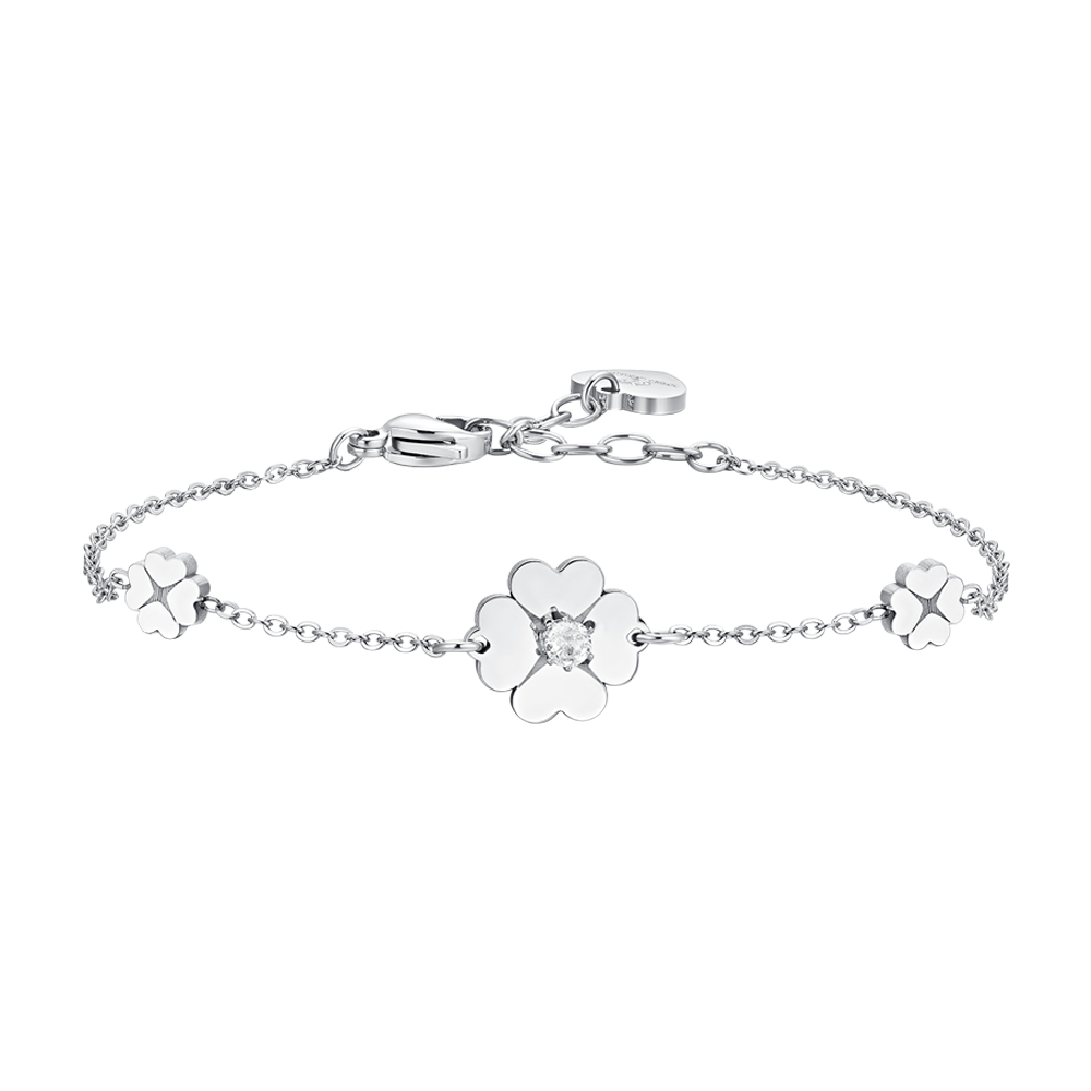 PULSERA DE MUJER DE ACERO TRÉBOL DE CUATRO HOJAS Y CIRCONITA