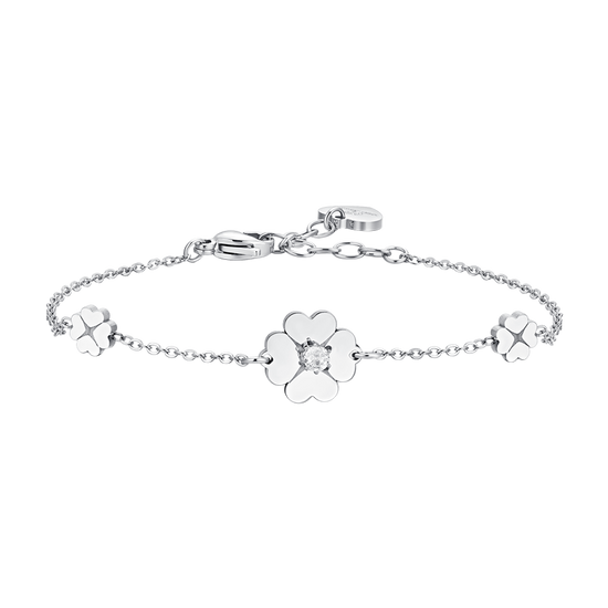 PULSERA DE MUJER DE ACERO TRÉBOL DE CUATRO HOJAS Y CIRCONITA