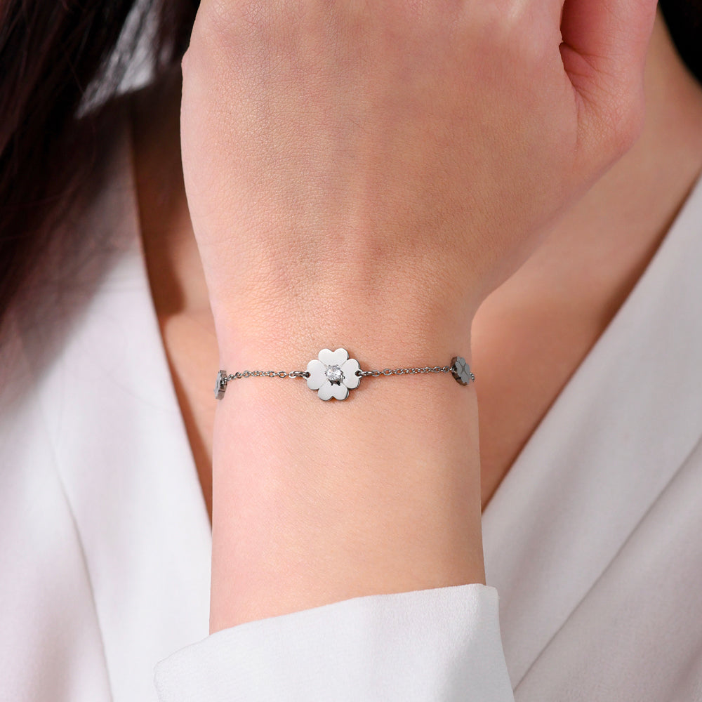 PULSERA DE MUJER DE ACERO TRÉBOL DE CUATRO HOJAS Y CIRCONITA