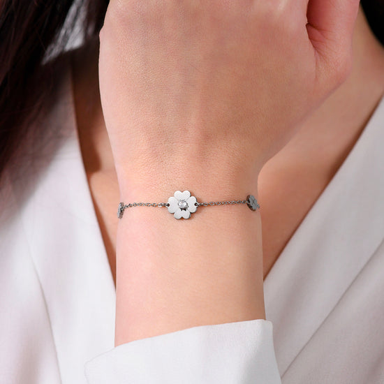 PULSERA DE MUJER DE ACERO TRÉBOL DE CUATRO HOJAS Y CIRCONITA
