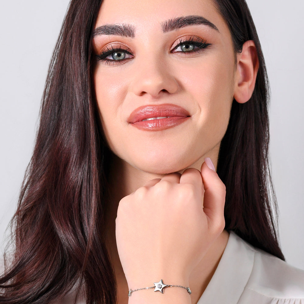 PULSERA DE ACERO ESTRELLAS Y CIRCONITAS PARA MUJER