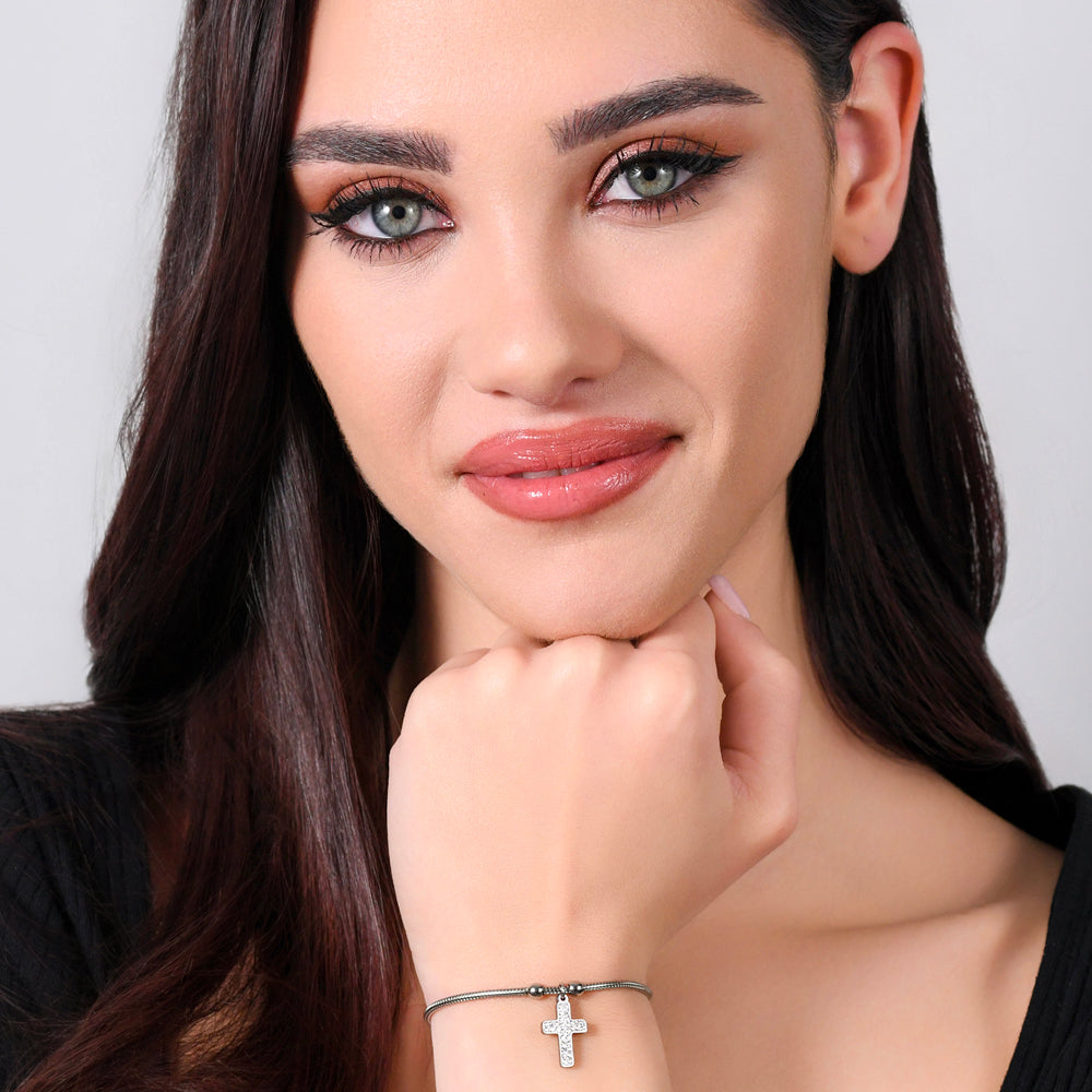 BRAZALETE DE ACERO PARA MUJER CON CRUZ