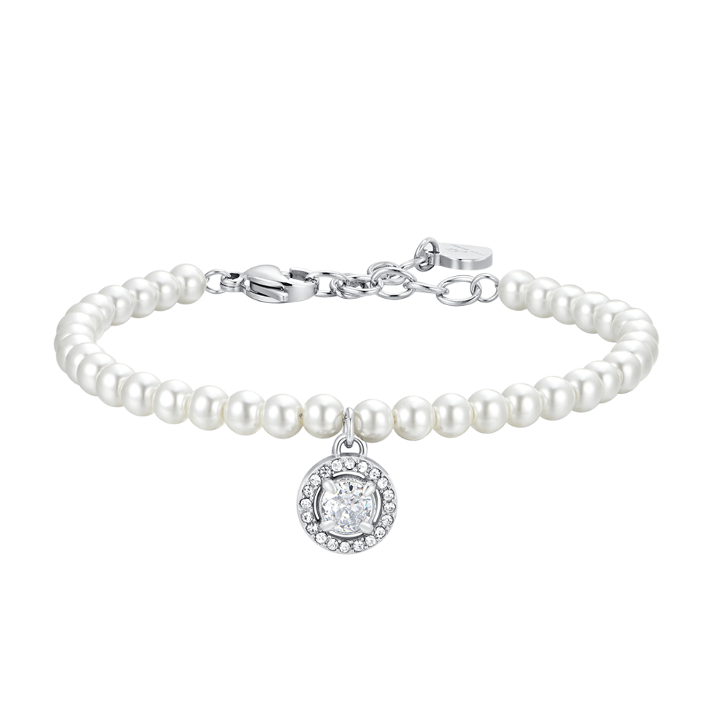 PULSERA DE PERLAS Y CIRCONITAS BLANCAS DE ACERO PARA MUJER