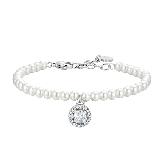 PULSERA DE PERLAS Y CIRCONITAS BLANCAS DE ACERO PARA MUJER