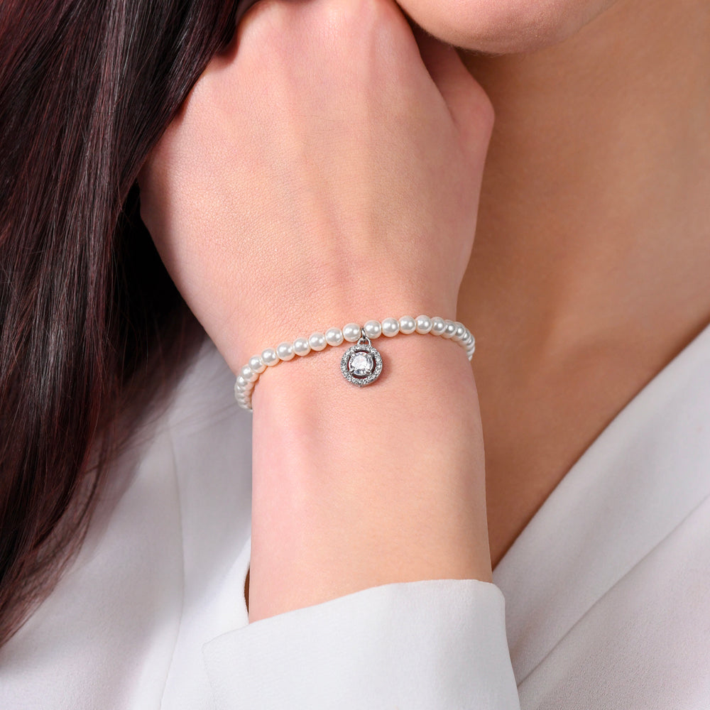 PULSERA DE PERLAS Y CIRCONITAS BLANCAS DE ACERO PARA MUJER