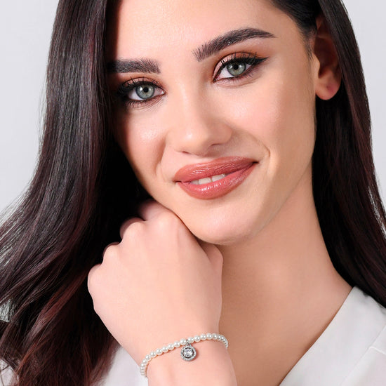 PULSERA DE PERLAS Y CIRCONITAS BLANCAS DE ACERO PARA MUJER