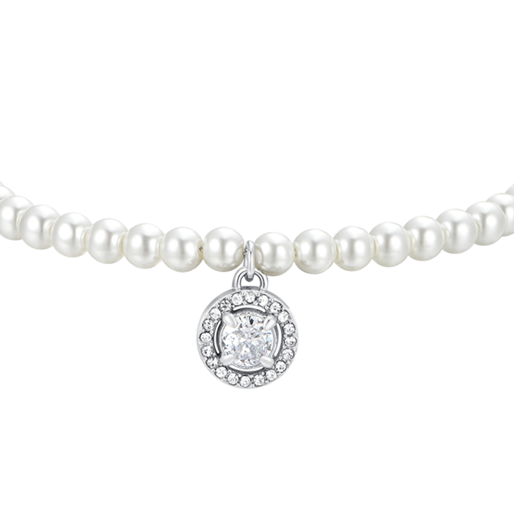 PULSERA DE PERLAS Y CIRCONITAS BLANCAS DE ACERO PARA MUJER