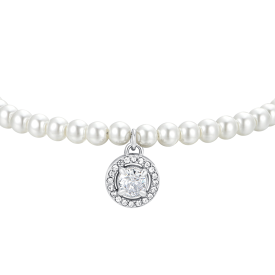 PULSERA DE PERLAS Y CIRCONITAS BLANCAS DE ACERO PARA MUJER