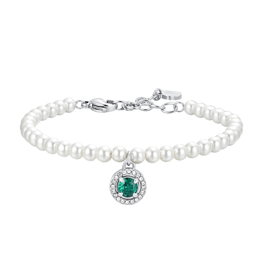 PULSERA DE PERLAS Y CIRCONITAS VERDES DE ACERO PARA MUJER
