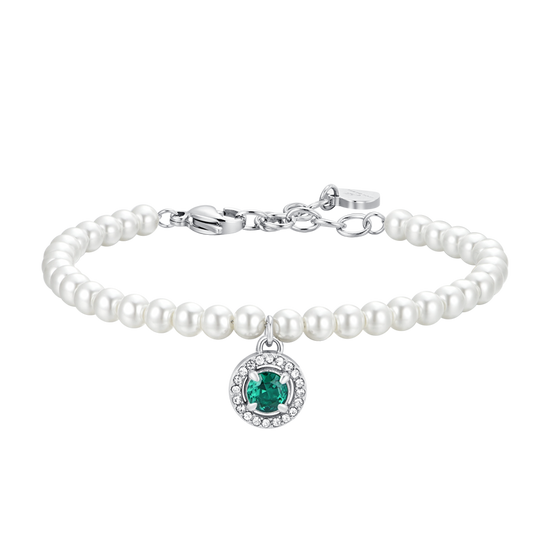 PULSERA DE PERLAS Y CIRCONITAS VERDES DE ACERO PARA MUJER