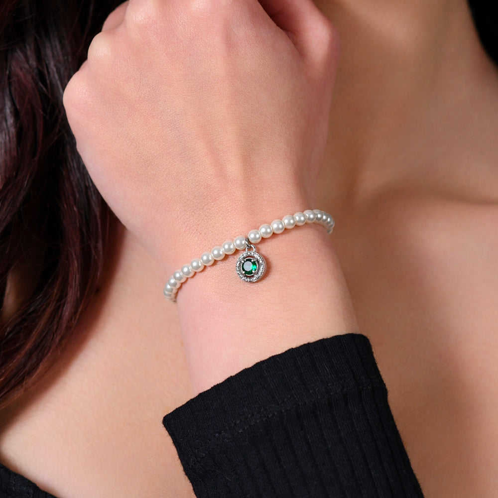 PULSERA DE PERLAS Y CIRCONITAS VERDES DE ACERO PARA MUJER