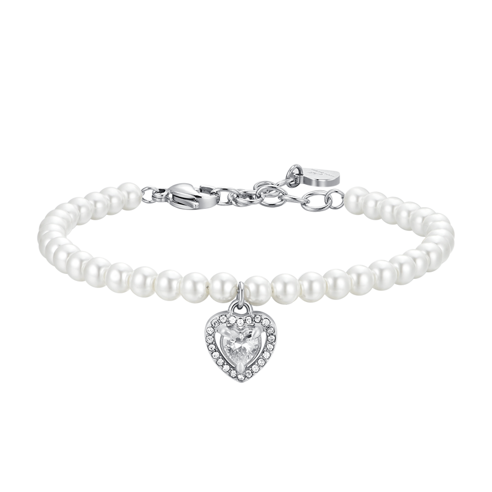 PULSERA CORAZÓN DE ACERO CON PERLAS Y CIRCONITAS BLANCAS