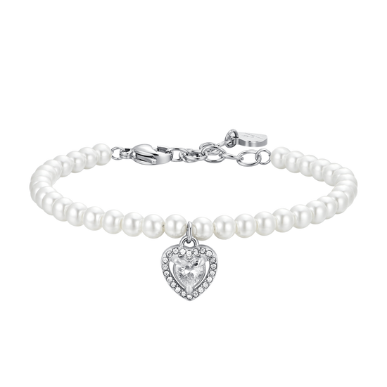 PULSERA CORAZÓN DE ACERO CON PERLAS Y CIRCONITAS BLANCAS