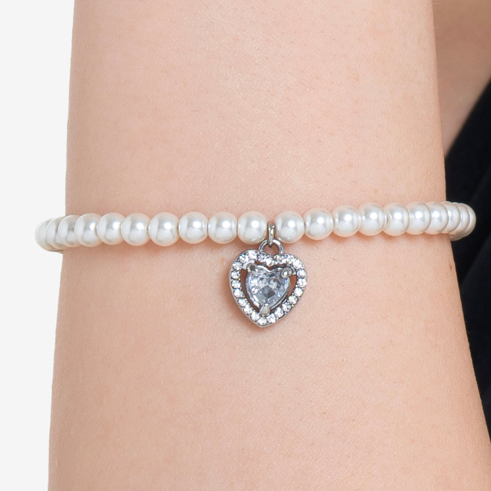 PULSERA CORAZÓN DE ACERO CON PERLAS Y CIRCONITAS BLANCAS