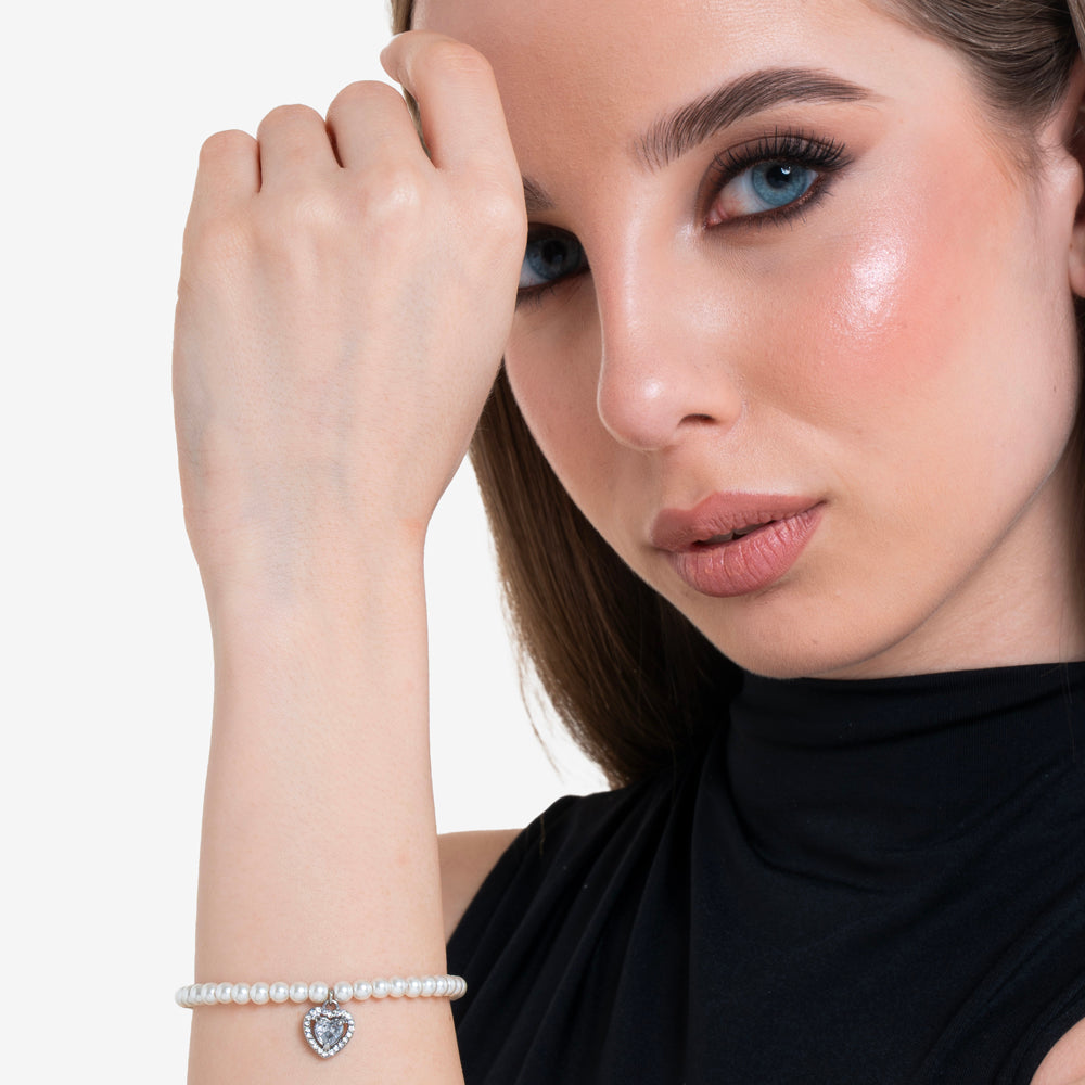 PULSERA CORAZÓN DE ACERO CON PERLAS Y CIRCONITAS BLANCAS