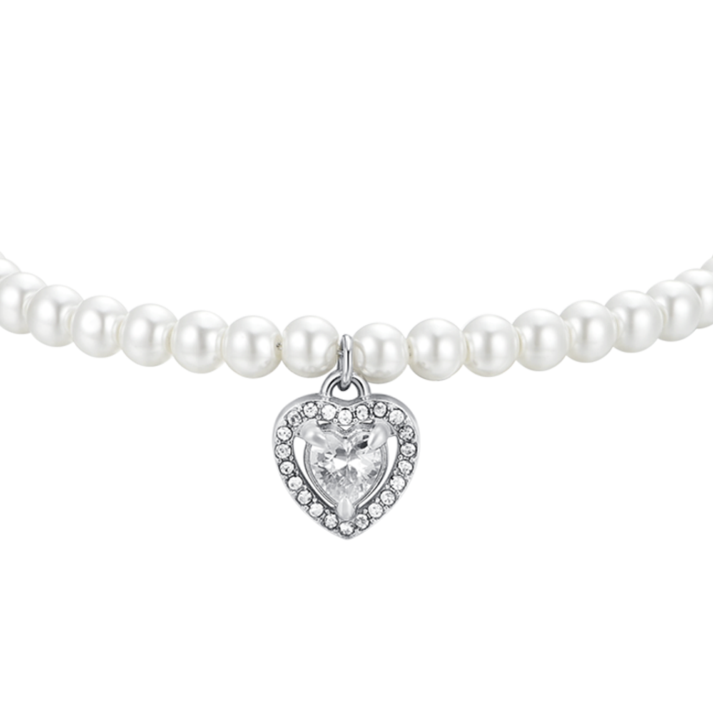 PULSERA CORAZÓN DE ACERO CON PERLAS Y CIRCONITAS BLANCAS