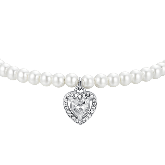 PULSERA CORAZÓN DE ACERO CON PERLAS Y CIRCONITAS BLANCAS