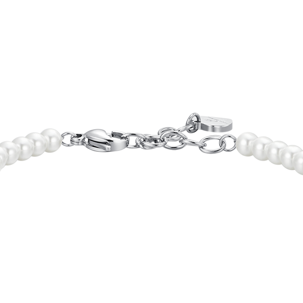 PULSERA CORAZÓN DE ACERO CON PERLAS Y CIRCONITAS BLANCAS