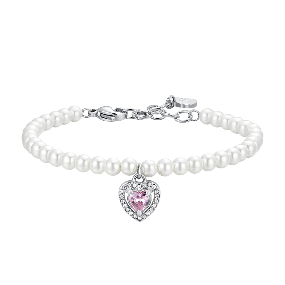 BRACCIALE DONNA IN ACCIAIO PERLE SINTETICHE E CUORE ZIRCONE ROSA