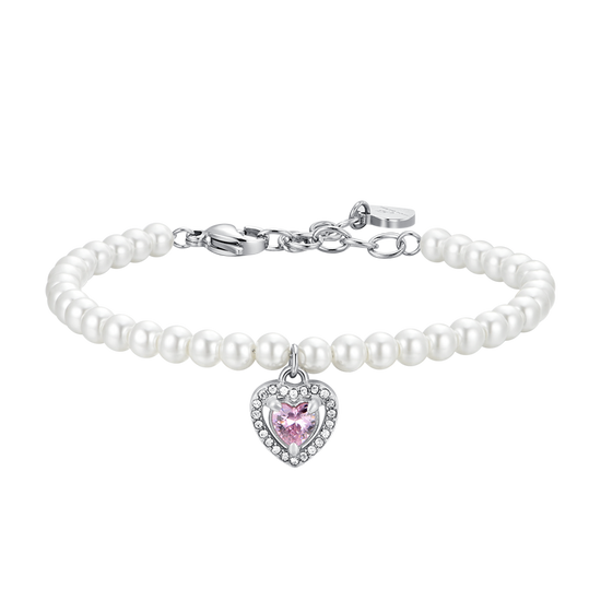 BRACCIALE DONNA IN ACCIAIO PERLE SINTETICHE E CUORE ZIRCONE ROSA