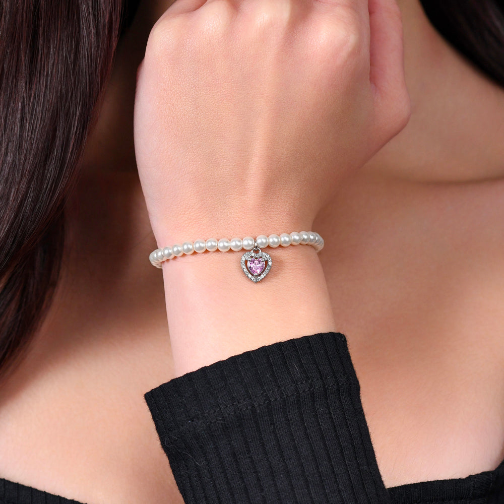 PULSERA CORAZÓN DE PERLAS DE ACERO Y CIRCONITAS ROSAS