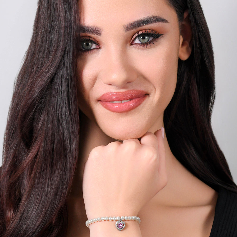 PULSERA CORAZÓN DE PERLAS DE ACERO Y CIRCONITAS ROSAS