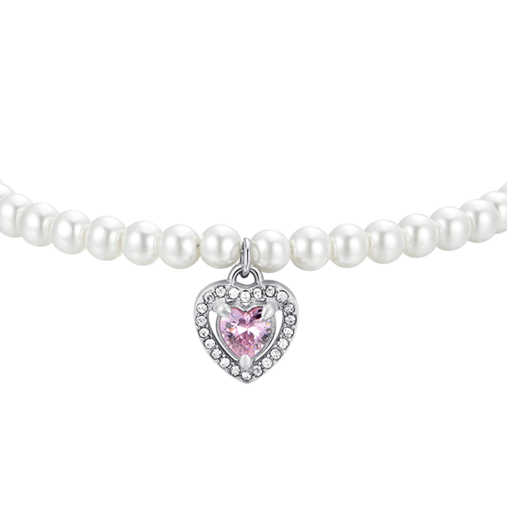 PULSERA CORAZÓN DE PERLAS DE ACERO Y CIRCONITAS ROSAS