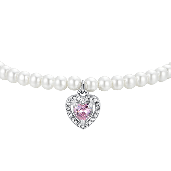 PULSERA CORAZÓN DE PERLAS DE ACERO Y CIRCONITAS ROSAS