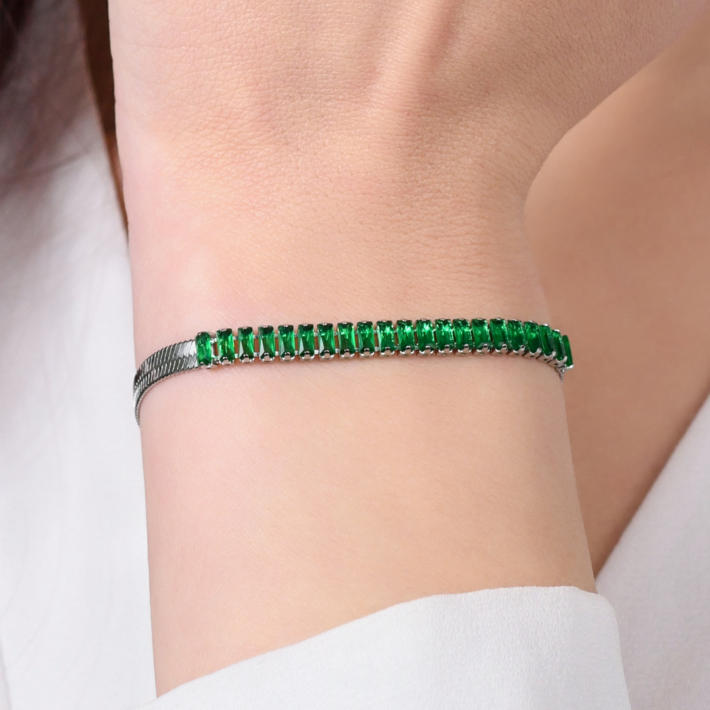 PULSERA DE ACERO CON CIRCONITA VERDE PARA MUJER