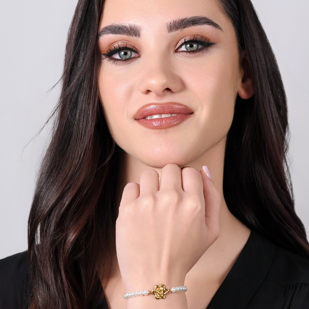 ACERO IP ORO PERLAS Y ROSA PULSERA DE MUJER