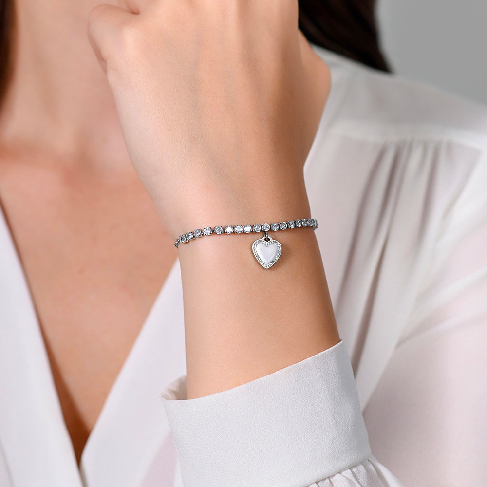 PULSERA DE TENIS DE ACERO CON CORAZÓN Y CIRCONITA PARA MUJER