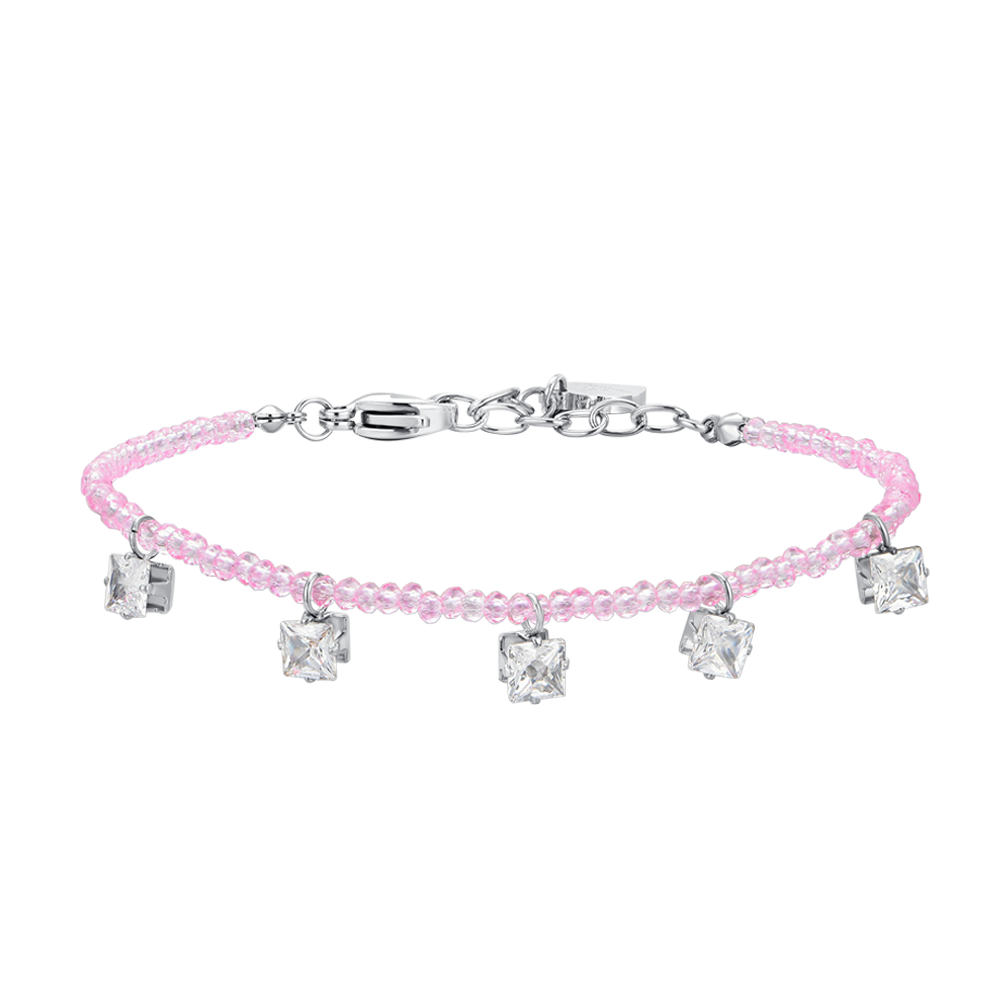 PULSERA DE MUJER DE ACERO CON CRISTAL ROSA Y CIRCONITA BLANCA