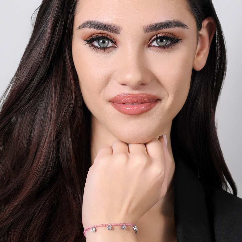 PULSERA DE MUJER DE ACERO CON CRISTAL ROSA Y CIRCONITA BLANCA