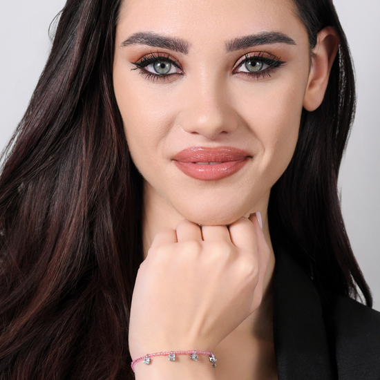 PULSERA DE MUJER DE ACERO CON CRISTAL ROSA Y CIRCONITA BLANCA