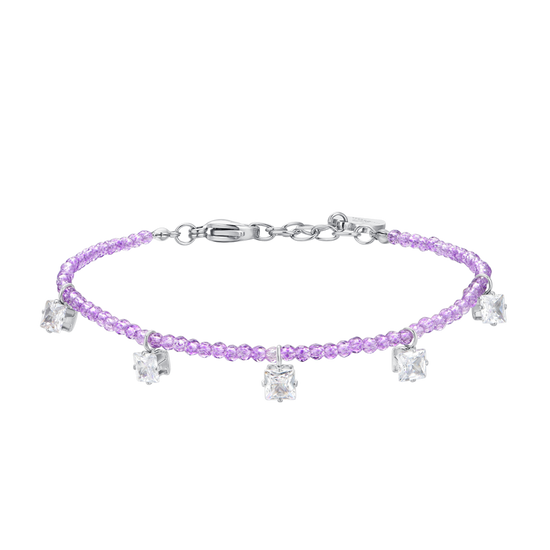 PULSERA DE ACERO PARA MUJER CRISTALES VIOLETAS Y CIRCONITAS BLANCAS