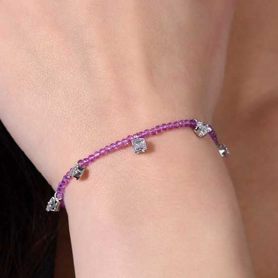PULSERA DE ACERO PARA MUJER CRISTALES VIOLETAS Y CIRCONITAS BLANCAS