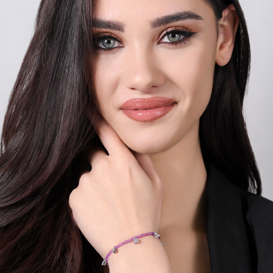 PULSERA DE ACERO PARA MUJER CRISTALES VIOLETAS Y CIRCONITAS BLANCAS
