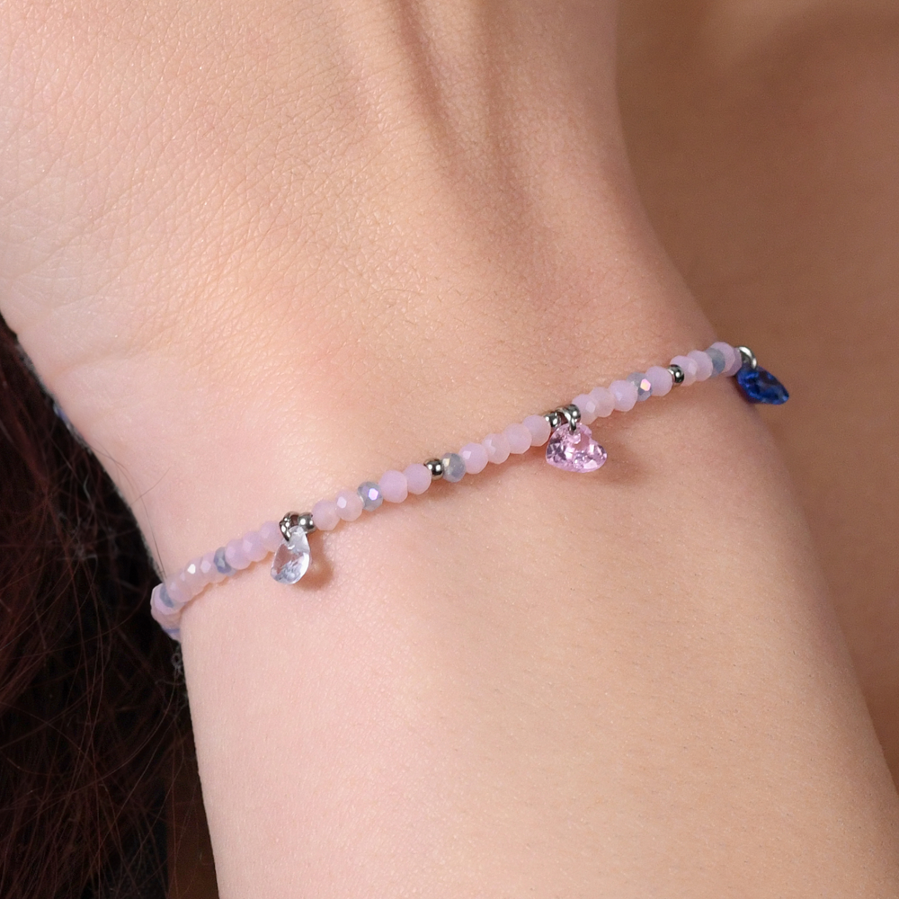 PULSERA DE ACERO PARA MUJER PIEDRAS ROSAS Y CRISTALES MULTICOLORES