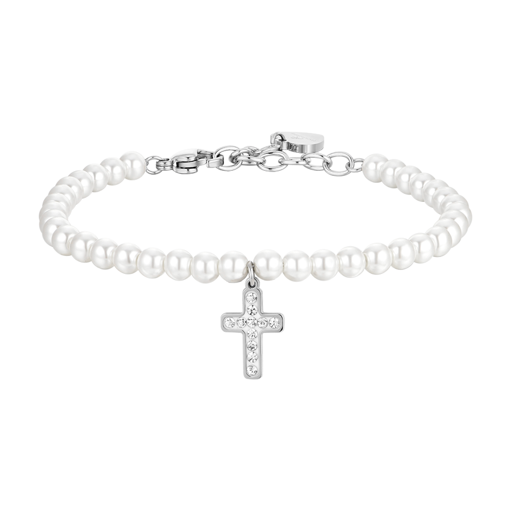 PULSERA DE ACERO CON PERLAS Y CRUZ PARA MUJER