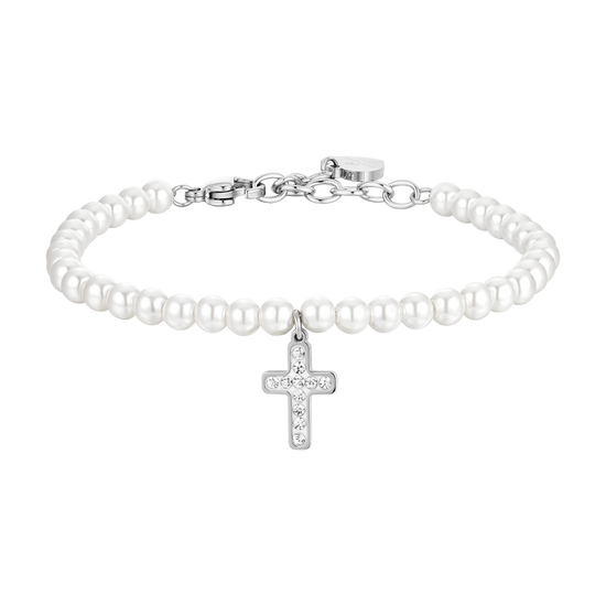 PULSERA DE ACERO CON PERLAS Y CRUZ PARA MUJER