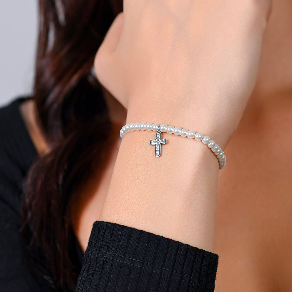 PULSERA DE ACERO CON PERLAS Y CRUZ PARA MUJER