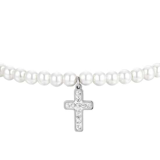 BRACCIALE DONNA IN ACCIAIO PERLE SINTETICHE E CROCE