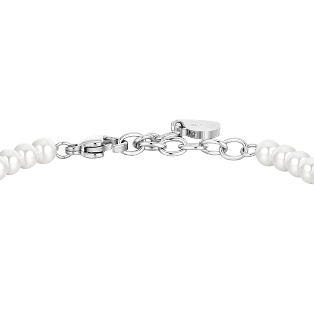 BRACCIALE DONNA IN ACCIAIO PERLE SINTETICHE E CROCE