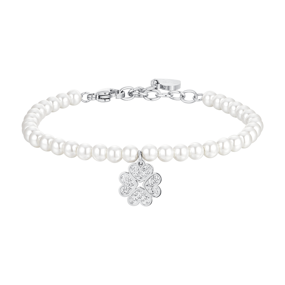 PULSERA DE PERLAS Y TRÉBOL DE ACERO PARA MUJER