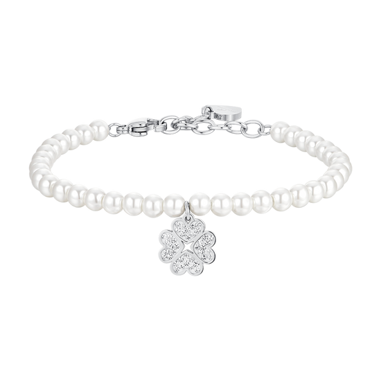 PULSERA DE PERLAS Y TRÉBOL DE ACERO PARA MUJER