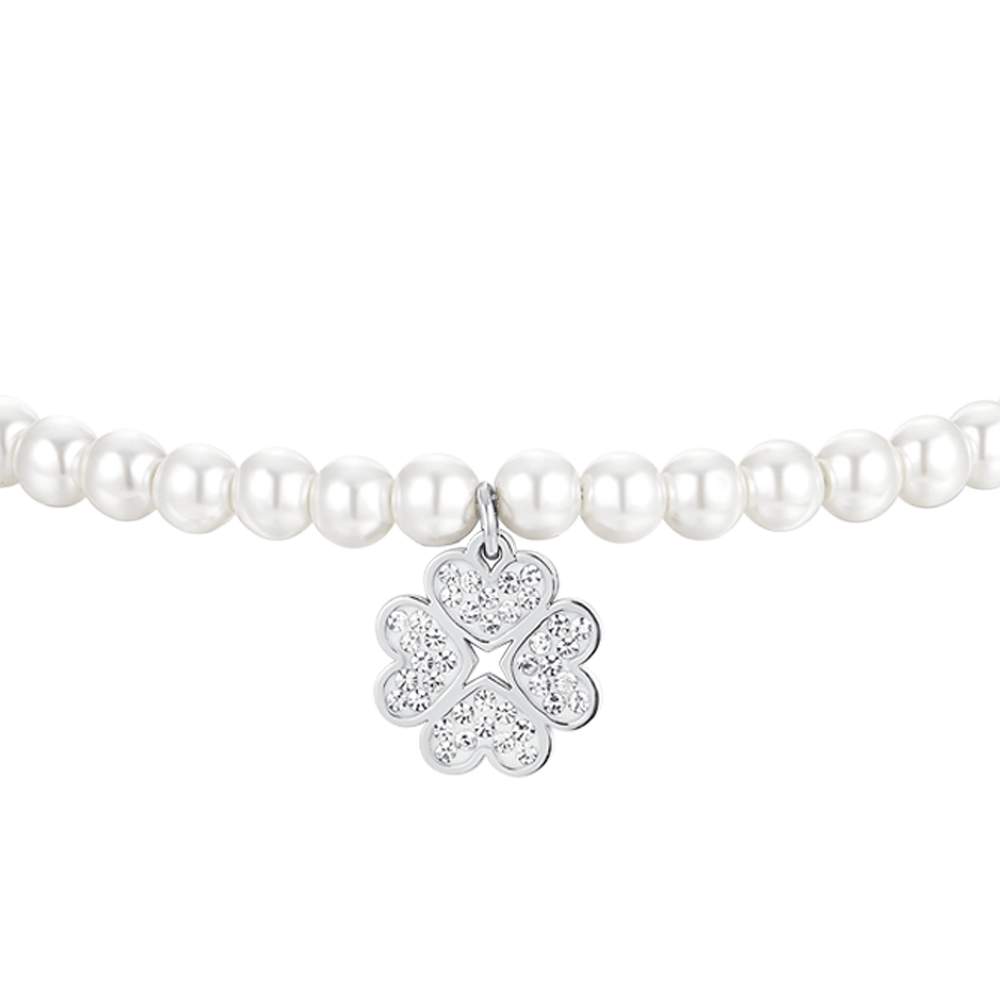 PULSERA DE PERLAS Y TRÉBOL DE ACERO PARA MUJER