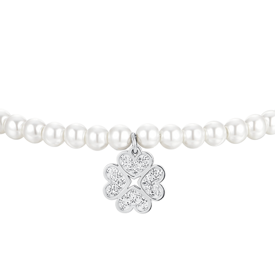 PULSERA DE PERLAS Y TRÉBOL DE ACERO PARA MUJER